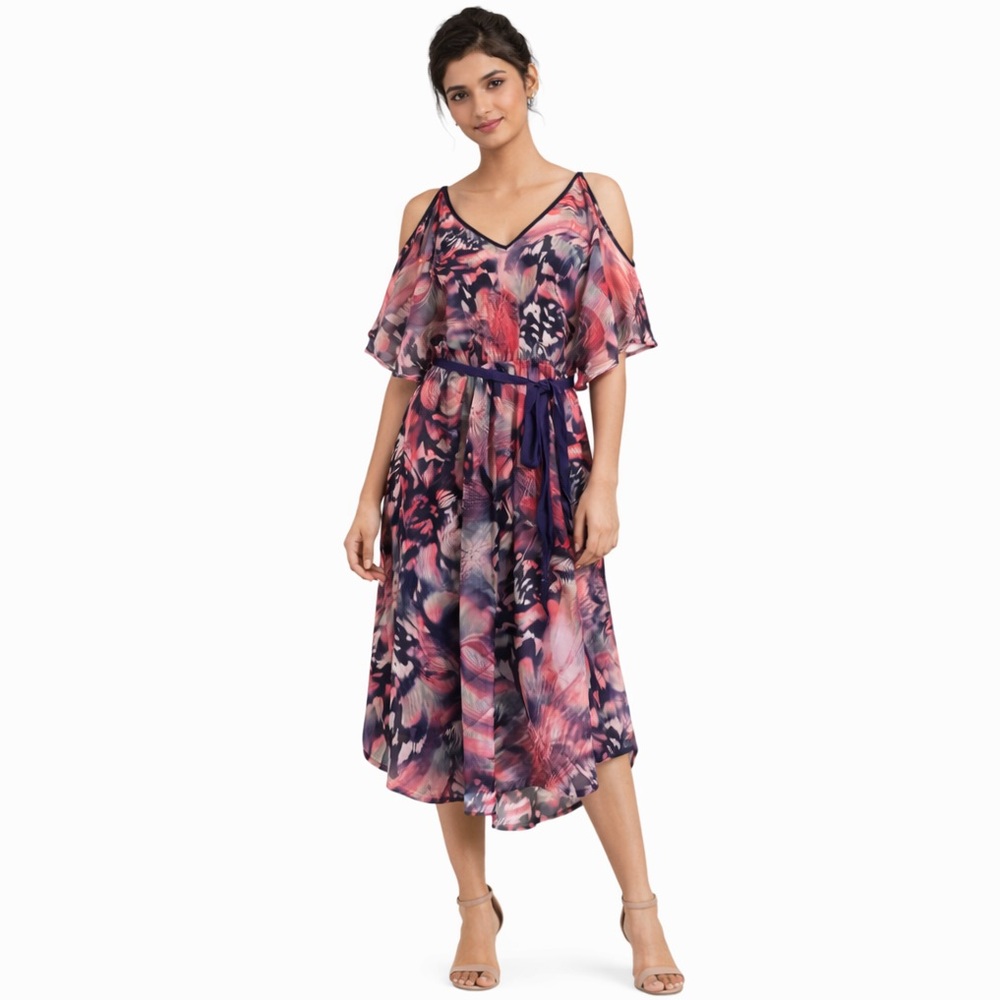 Women's The Pink Tulip Pink Blue Butterfly Print Cold Shoulder Midi Dress M